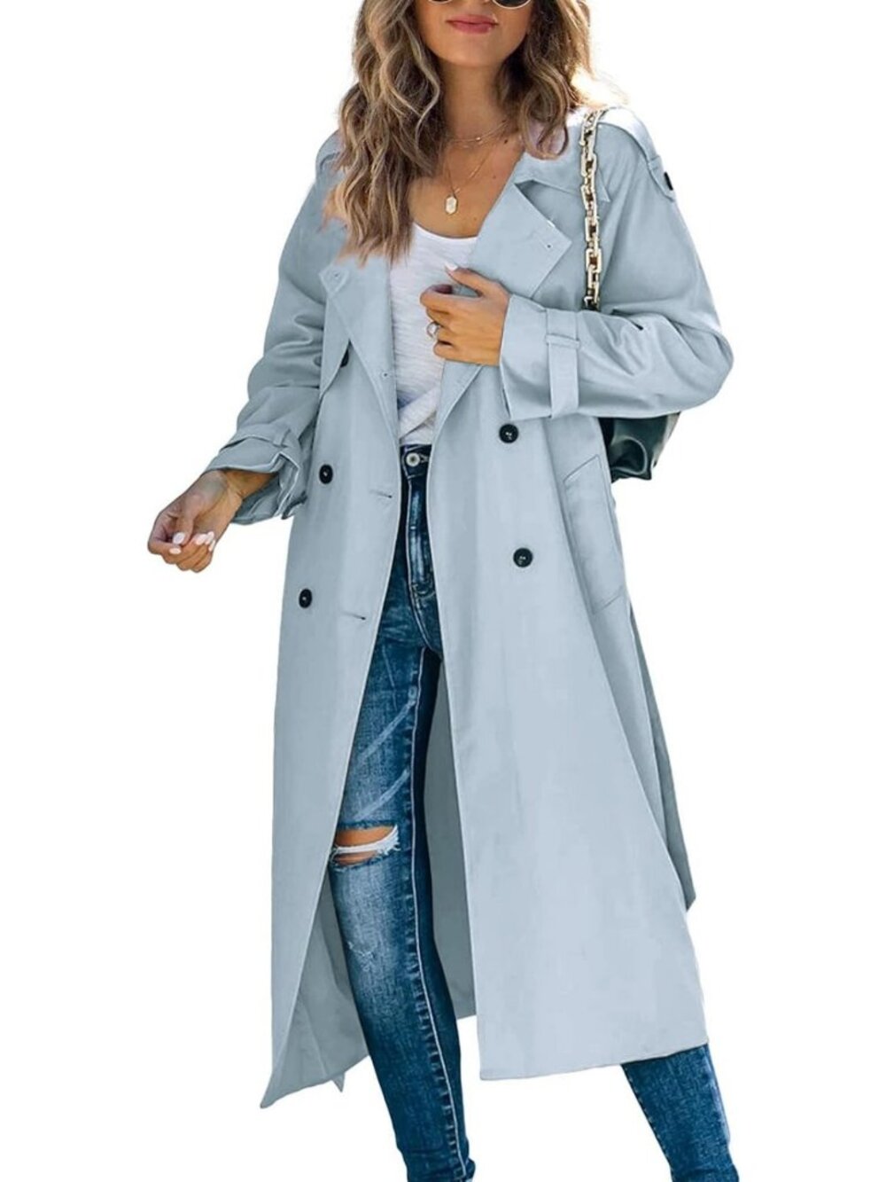 Stylish Women's Long Double Breasted Trench Coat, Windproof Overcoat with Belt